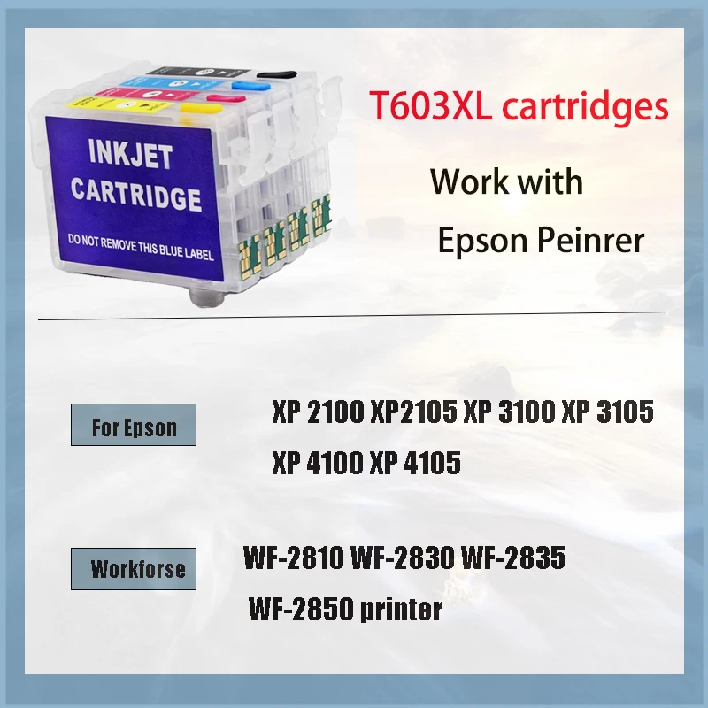 Cartucho de tinta recarregável Vilaxh e tinta corante, apto para Epson T603, XL, XP-2100, XP-2105, XP-3100, XP-3105, XP-4100, XP-4105, WF-2810,, T603XL, 603XL