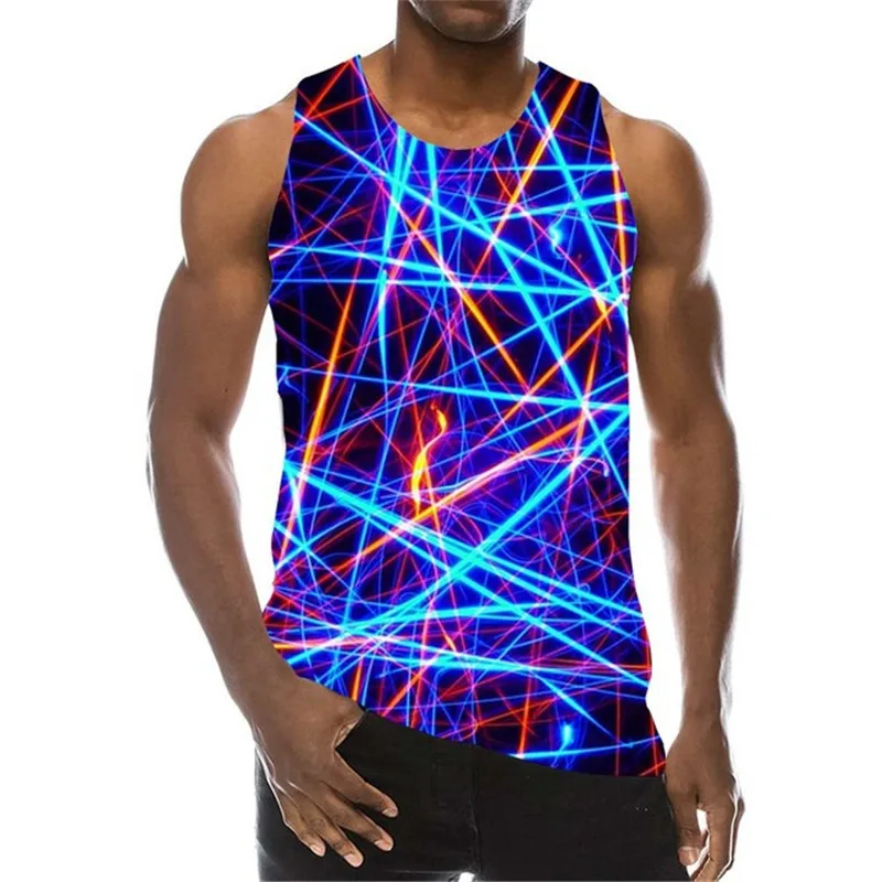 Blue Lines 3D Men's Tank Sleeveless 3D Print Gradient Fashion Tops Summer Round-Neck Street Style Male Vest Big Size 6XL