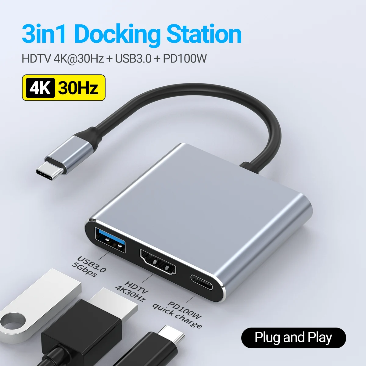 USB C HUB 3-in-1 Type C to HDMI Multiport Adapter, 4K HDMI for Streaming, 100W PD Fast Charging, High-Speed USB 3.0 Dock Station