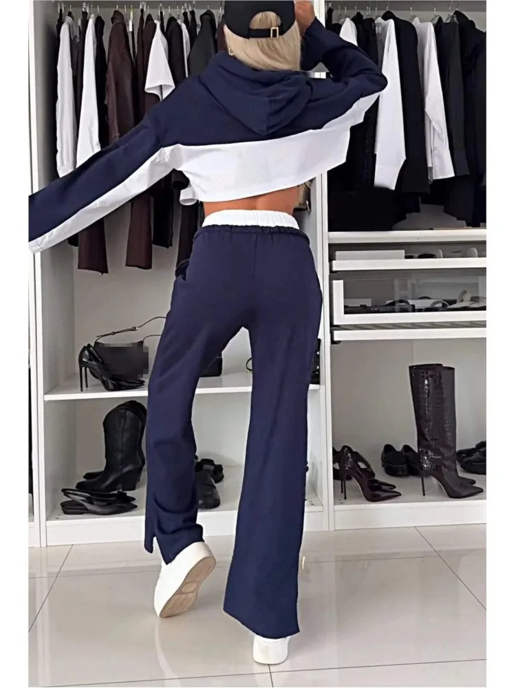 Stylish Contrasting Color Suit Autumn Elegant Short Long Sleeved Hooded Top Elastic Waist Lace Up Leg Trousers Two Piece Sets