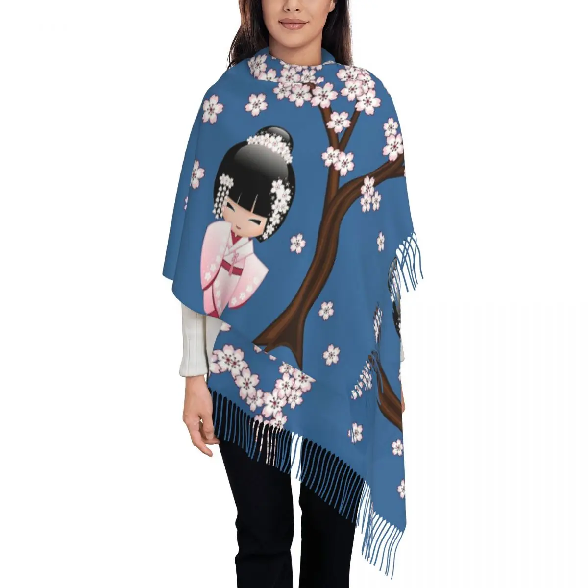 Japanese Bride Kokeshi Doll Shawl Wraps for Ladies Winter Warm Long Soft Scarf Pashmina Tassel Scarves