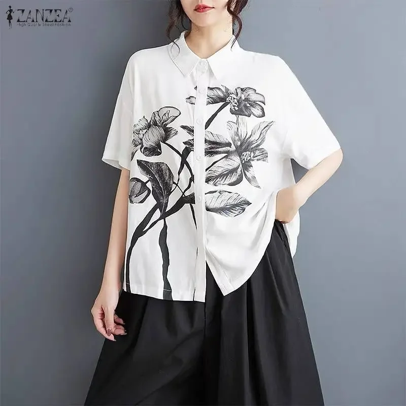 ZANZEA Women Vintage Short Sleeve Summer Shirts Fashion Blouse 2026 Floral Print Casual Tops Loose Office Street Female Blusas view 2