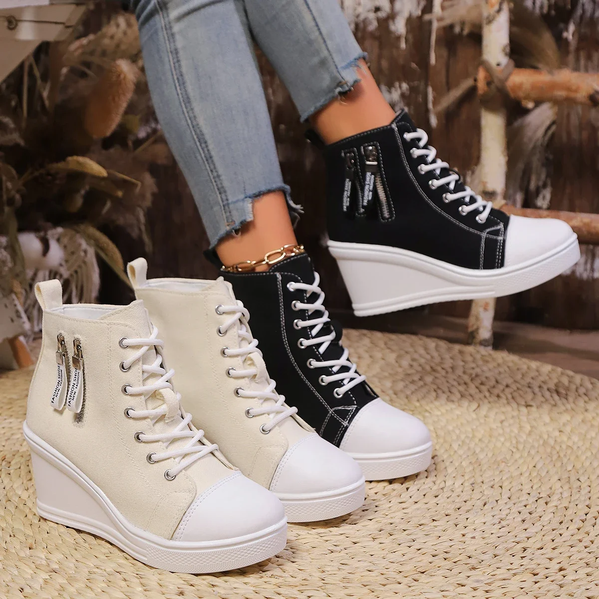 2024 neue Frauen Lace-Up Plattform Outdoor Keil Unsichtbare Ferse Leinwand Schuhe Keil Seite Zipper Erhöhte Hohe Atmungsaktive turnschuhe