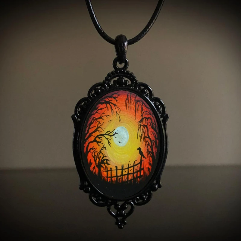 Fashionable Gothic Sunset Forest Crow Hand Painted Art, Personalized Pendant Necklace Gift