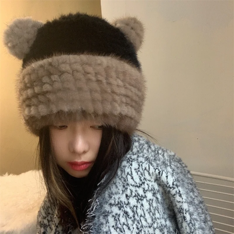 Winter Versatile Warm Fur Hat High-quality Mink Fur Woven Fur Hat Cute Bear Ear Decoration New Fashionable Plush Hat