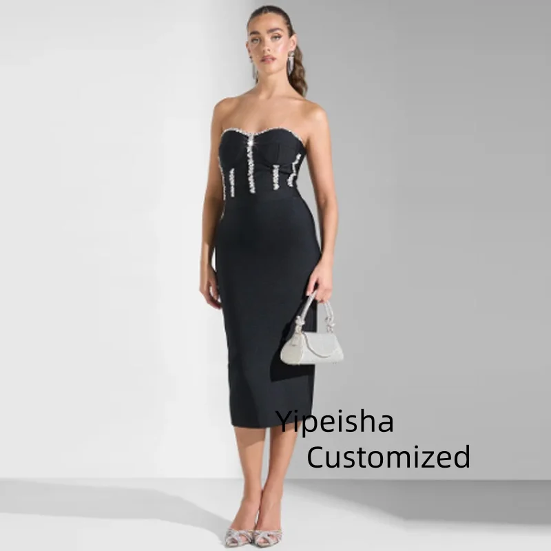 Customized Sexy Strapless Sleeveless Evening Dress Woman  Rhinestone Ball Gown Dress Rear Slit  Prom Dresses