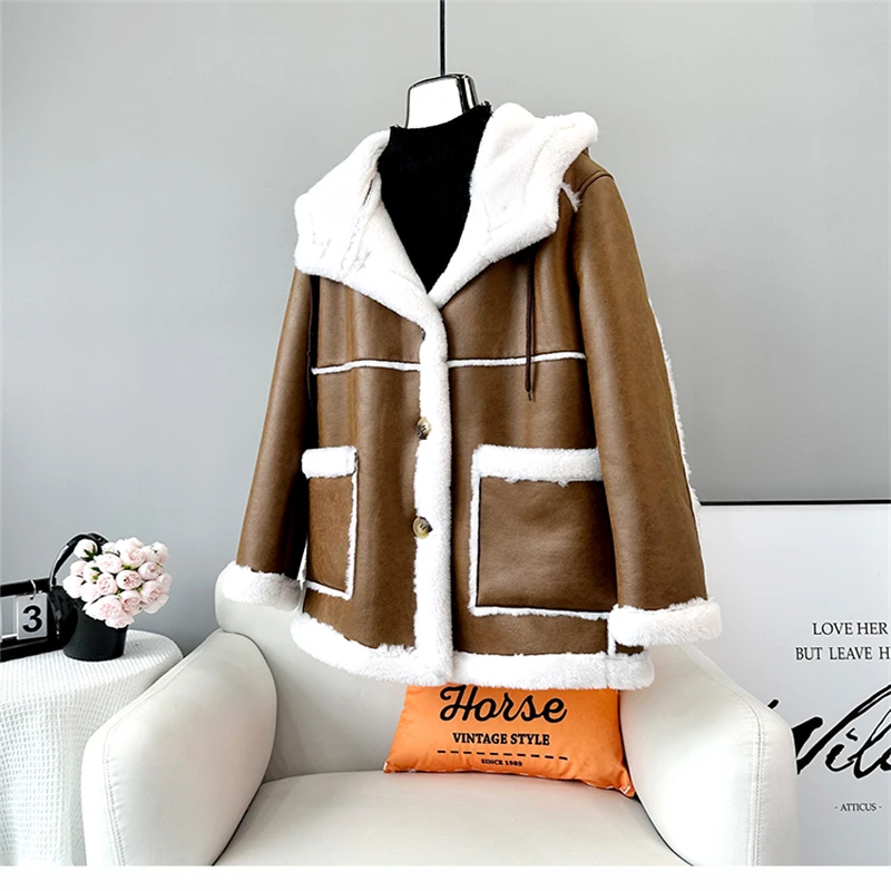 Imagem -04 - Parka com Capuz de lã de Cordeiro Macio Feminino Cabolsa Quente para Fêmea Shearling de Ovelha Cabolsa Grosso Jt3445 2023