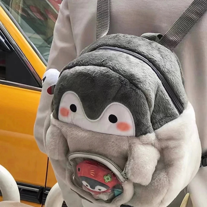 Plecak z pingwinem z kreskówki, uroczy plecak dla dziewczynki, torba na lalkę, pluszowa lalka, mini plecak, plecak z lalką z kreskówki, zabawny krótki pluszowy plecak, prezent