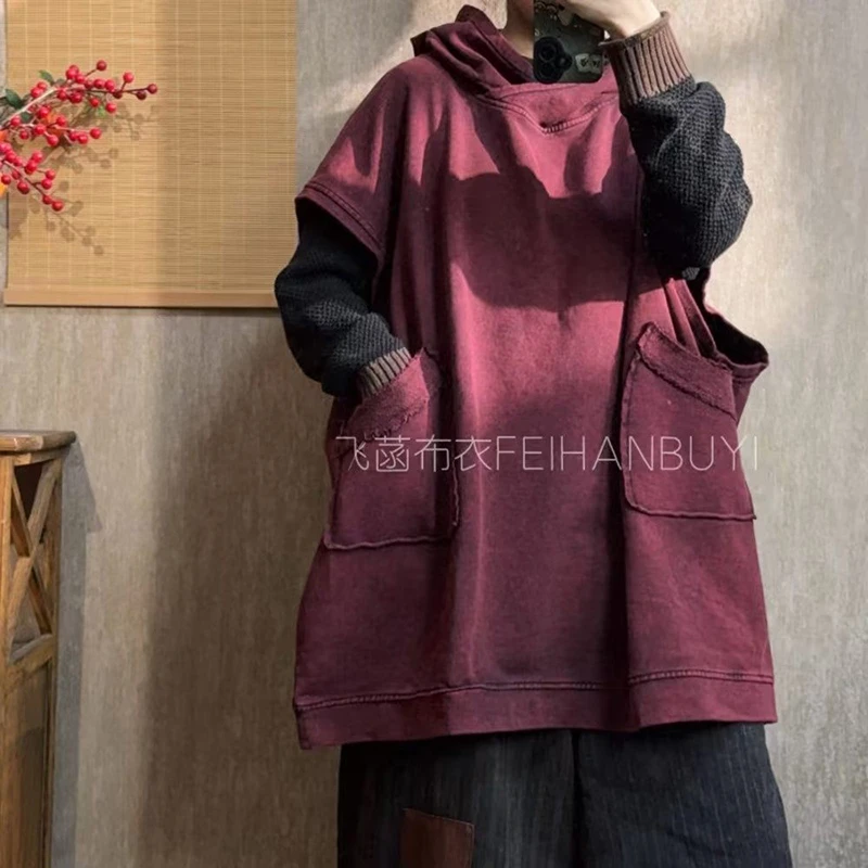 

2026 New Arrival Autumn/winter Women Casual Hooded Pullover Vest All-matched Vintage Sleeveless Cotton Outerwear & Coats F89