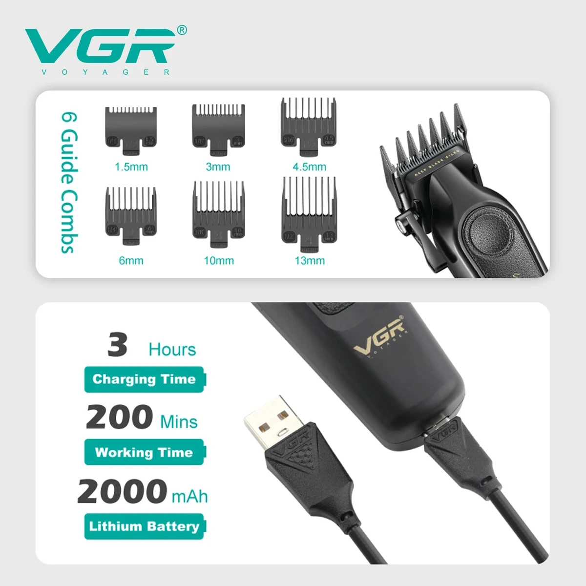 طقم ماكينة قص الشعر الراقية VGR V-197&995 مكون من قطعتين، جسم جلد معدني، مقص دفع كهربائي، شاشة رقمية LED، كارفين برأس زيت