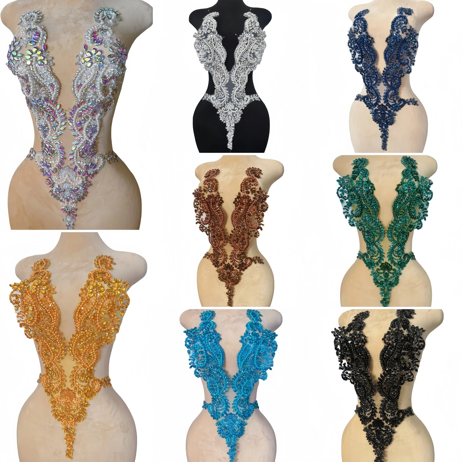 

3D Hand Beaded Lace with Glass Stones and Crystals Sew on Rhinestones Applique Patch Sewing For Wedding Party Dress Costumes Diy