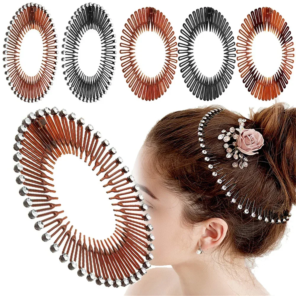 Moda elastik esnek tarak kafa bandı lüks Rhinestone kalp Hairband kadınlar kızlar sabit saç stili Bun Headdress aksesuarları