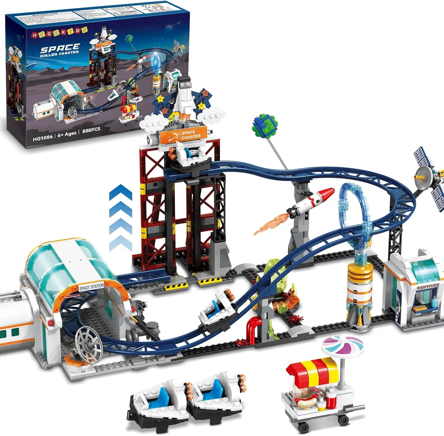 HOGOKIDS Space Roller Coaster Building Toy-888PCS Building Set Features Lift Platform, Satellites, Rocket Buildable  Park