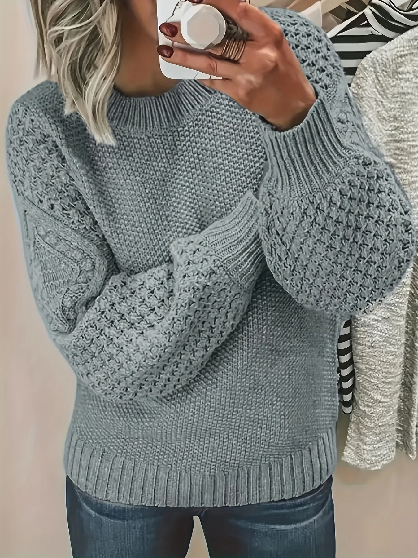 

Autumn Winter New Women Solid Color Round Neck Sweater Loose Lantern Sleeve Design Female Pullover
