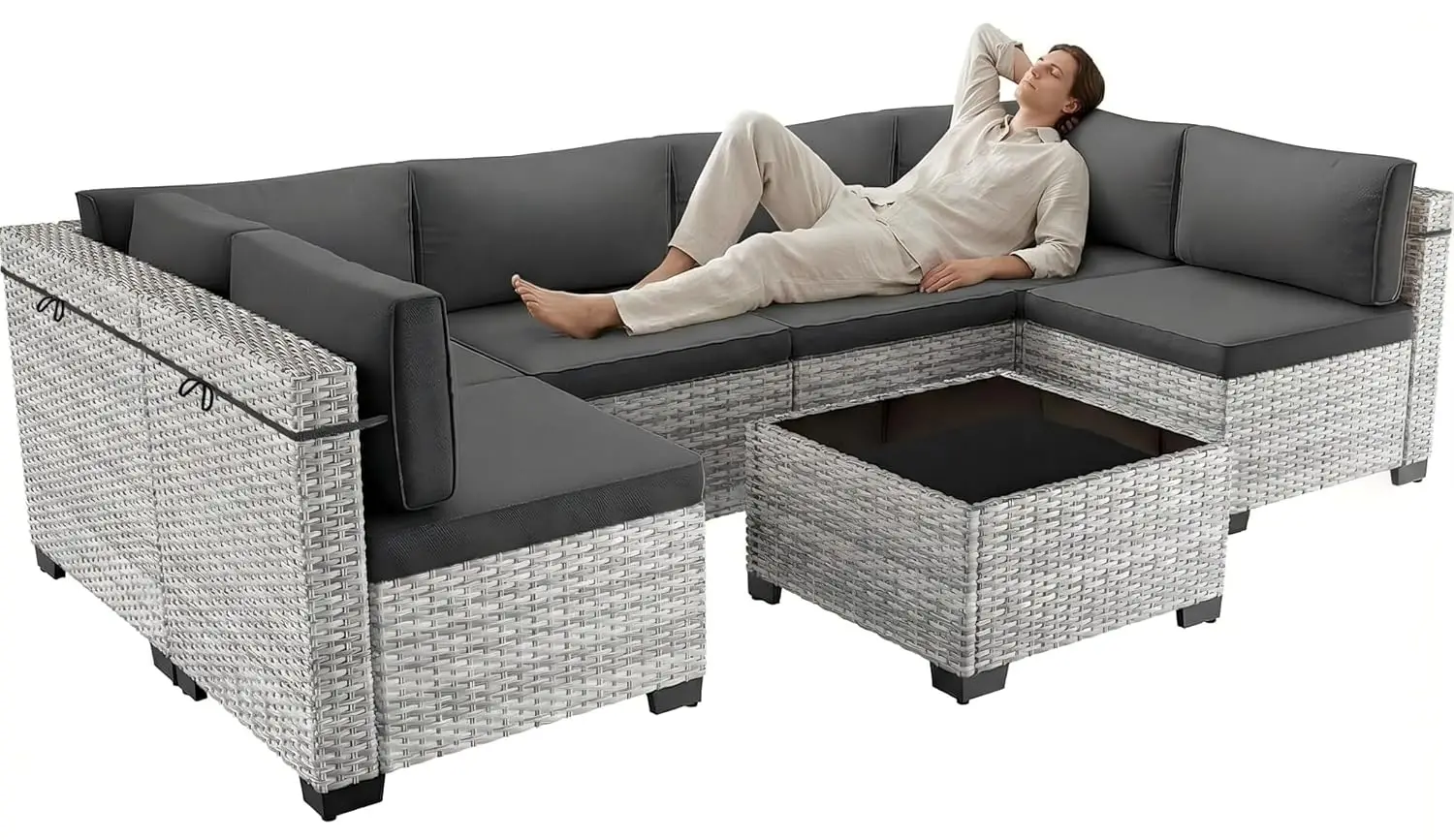 

Модульный садовый диван-секционный из 7 элементов с толстыми подушками, из ротанга, с устойчивой к ржавчине рамой, для террасы, темно-черный, на заказ