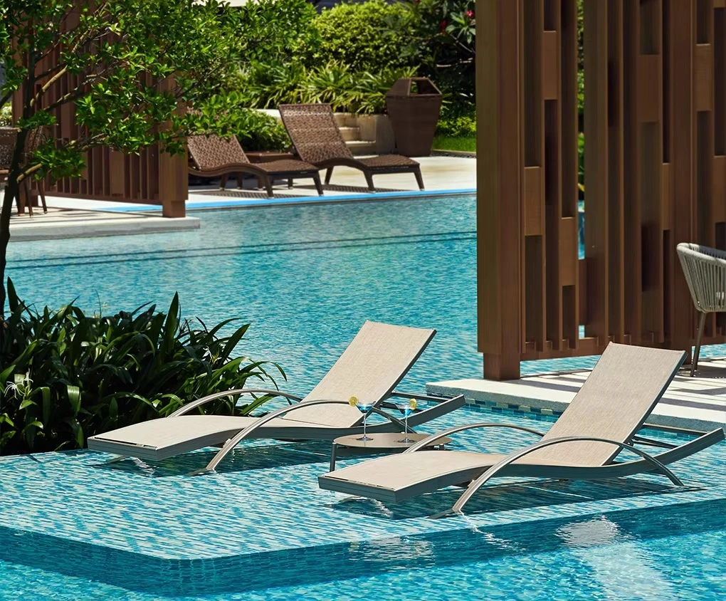 

New Arrival Artie Luxury Hotel Swimming Pool Furniture Aluminum Textliene Mesh Fabric Stackable Sun Lounge