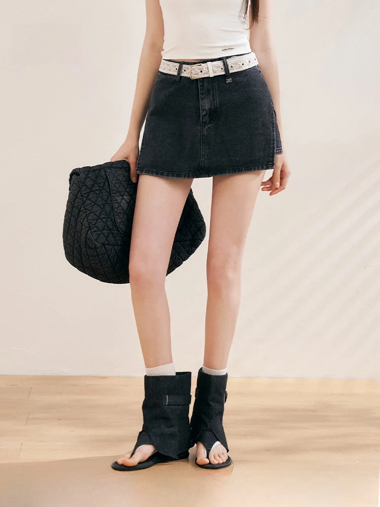 

Lii.Liilou Retro Jeans Lace Belt High-End A-Line Side Slit ort Denim Skirt Casual Cotton mid Waist Women's Skirt