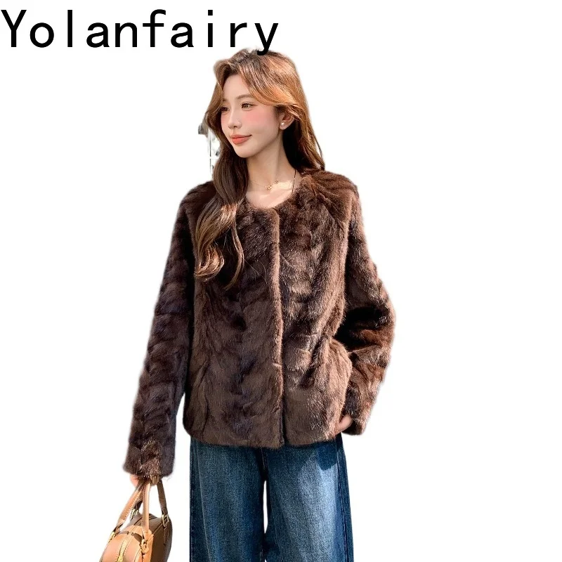 YOLANFAIRY Real Fur Coat Woman 100% Mink Jacket Winter Young Fashion Herringbone Vintage Pieced Mink Fur Coats Woman Short 61 Cm