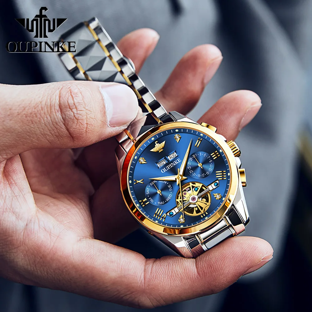 OUPINKE 3186 Men Tourbillon Watch Luxury Brand Skeleton Automatic Mechanical Watch Waterproof Sapphire Mirror Business Men Watch