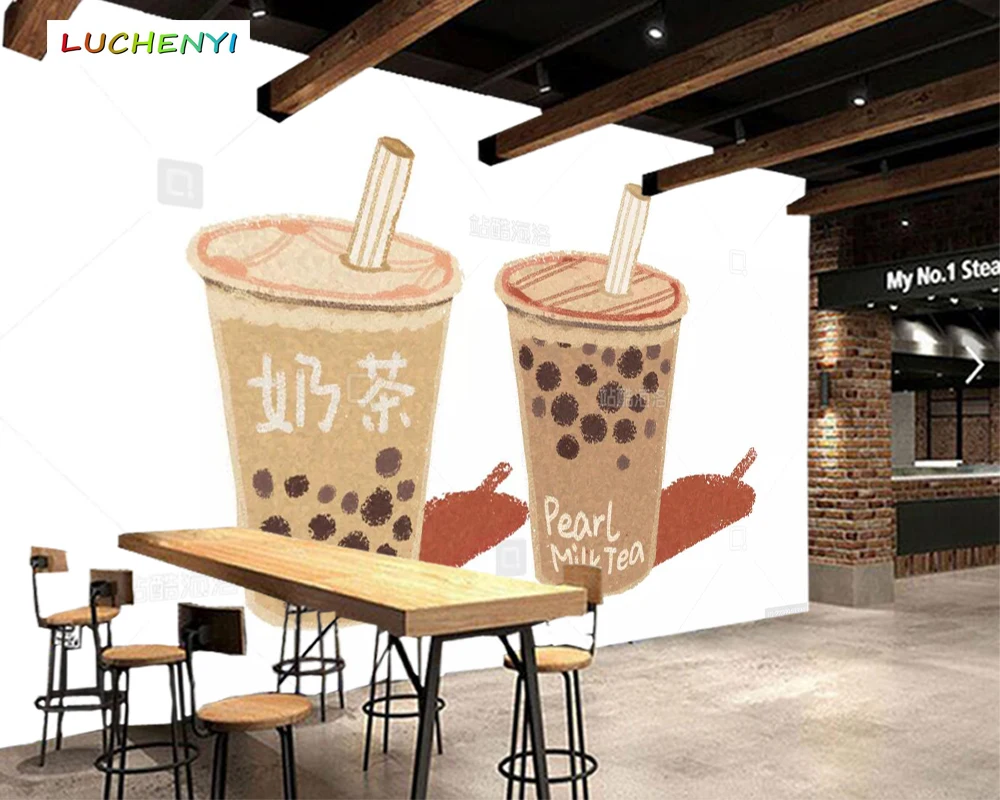 

Papel de parede custom hand drawn milk tea 3d wallpaper mural, restaurant juice shop kitchen dining room wall papers sticker