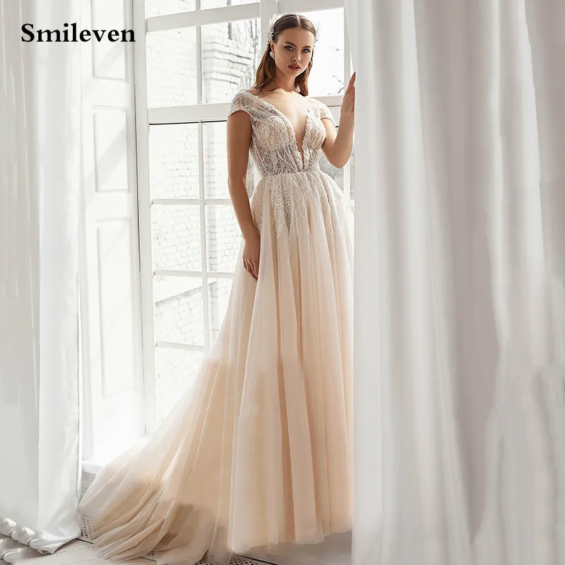 

Smileven Champagne Wedding Dress Cap Sleeves V Neck Lace Floral Appliques Bridal Gowns Backless Vestido De Noiva Wedding Gown