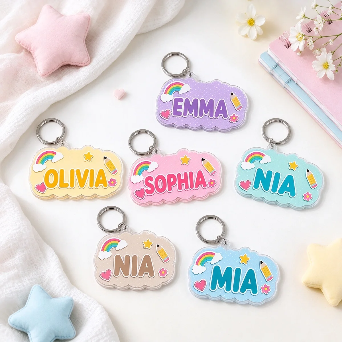 1 custom cloud acrylic keychain, customizable name cute rainbow pencil bag pendant, suitable for acrylic keychains of backpacks,