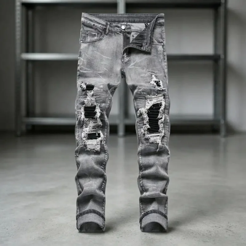 

Men's Retro Vintage Street Style Jeans, Slim Fit Elastic, Perforated and Lined, Korean Fashion, Skinny Denim Pants, Stylish, Cas