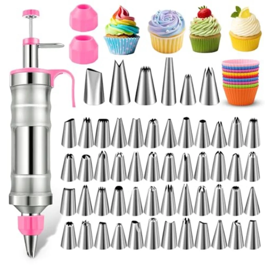 

Набор для украшения десертов: шприц для глазури, набор для декорирования тортов из нержавеющей стали с 54 насадками и 9 силиконовыми формочками.