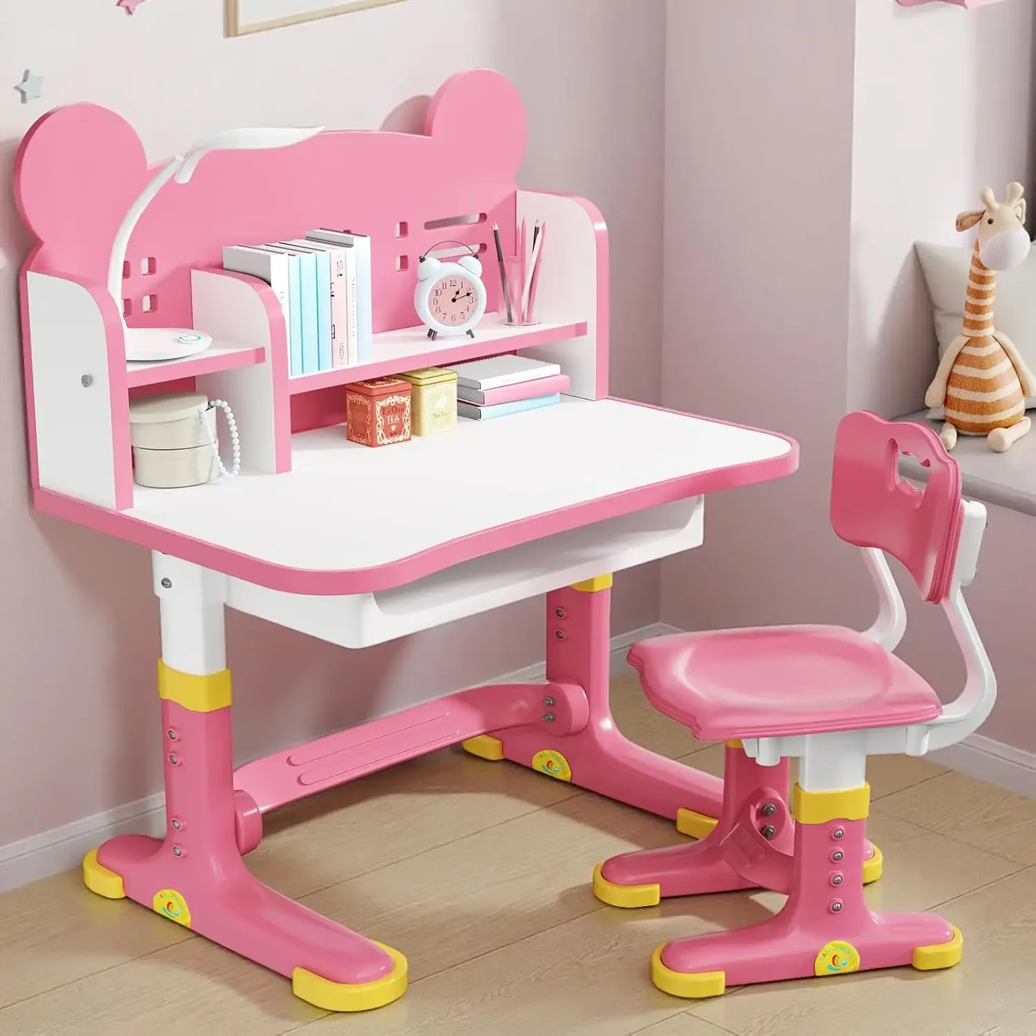 Kids Desk and Chair Set, Height Adjustable Child's School Study Writing Tables, Kids Desk with Bookstand and Storage Drawer, Wid