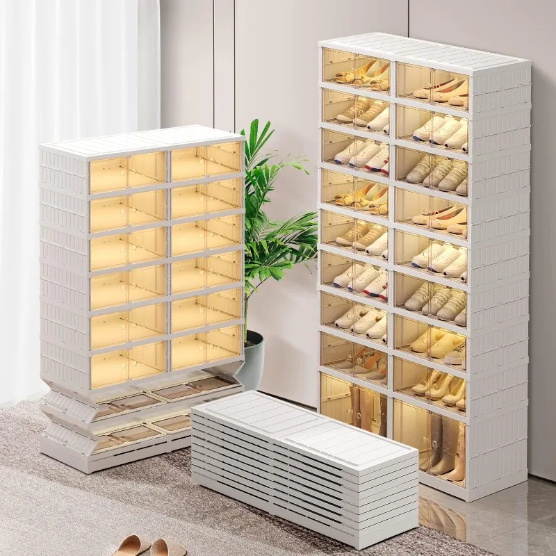 9-Tier Foldable  Storage Box Clear Shoe Boxes Stackable with Door Easy Assembly Shoe Cabinet with Lids Large