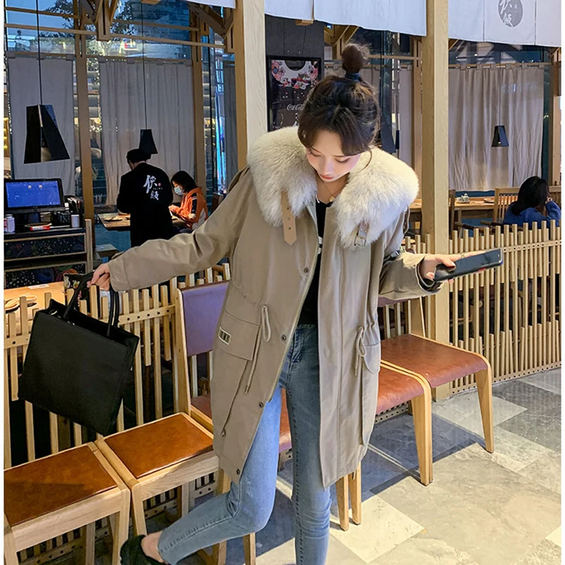 Fur Coat Women Winter Rex Rabbit Fur Liner Detachable Fox Navy Collar Medium to Long Waist Drawstring Slim Pakas Abrigos Mujer