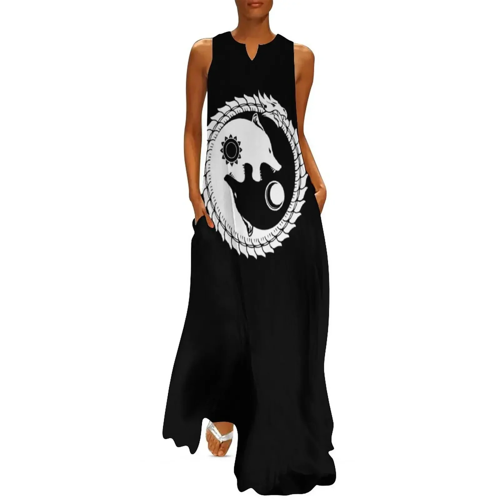 

Viking Dragon Two Wolves Hati and Skoll devour the Sun and the Moon Viking Long Dress Woman dresses Dress