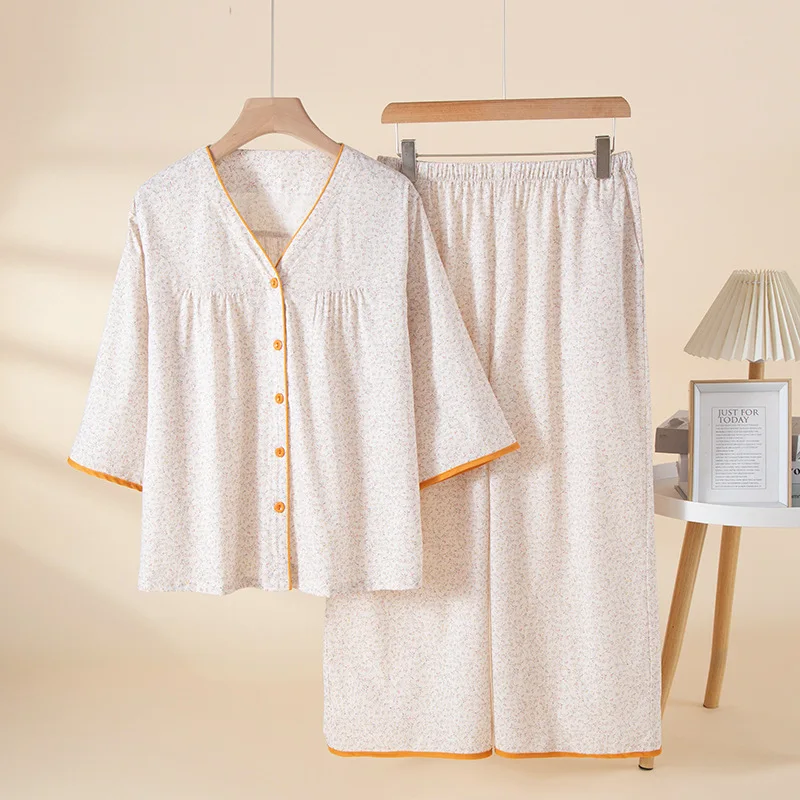 Women's Summer Cotton Pyjama Femme Sky Printed Three-Quarter Sleeve Cropped Pants Set Cardigan Tops Trouser Pajamas