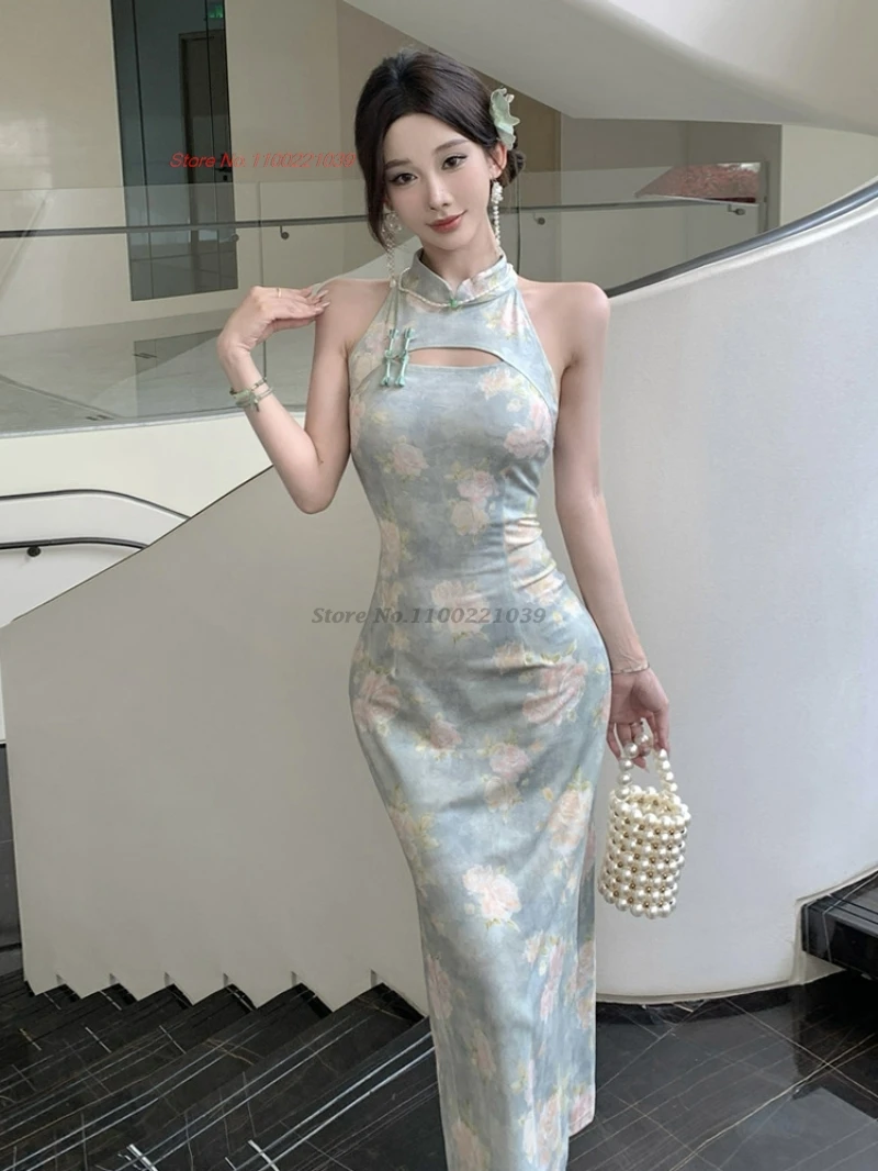 

2025 oriental off shoulder dress improved cheongsam traditional flower print sleeveless qipao nightclub bodycon dress qipao