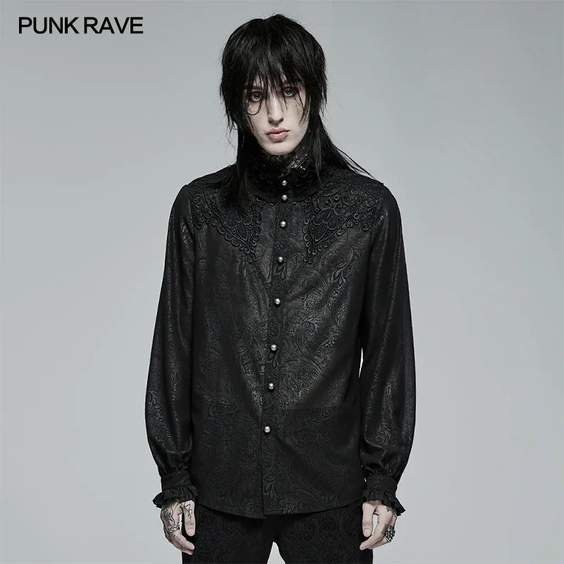 PUNK RAVE Men's Gothic Chiffon Printed Long Sleeve Shirt Ruffles Neckline Spring & Summer  Men Clothing