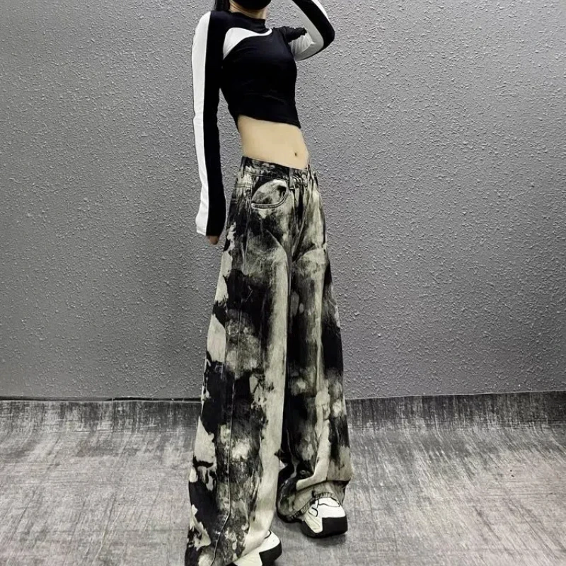 American Style Personalized Tie Dye Hanging Jeans for Women in Plus Size Loose and Versatile Straight Leg Wide Leg Pants