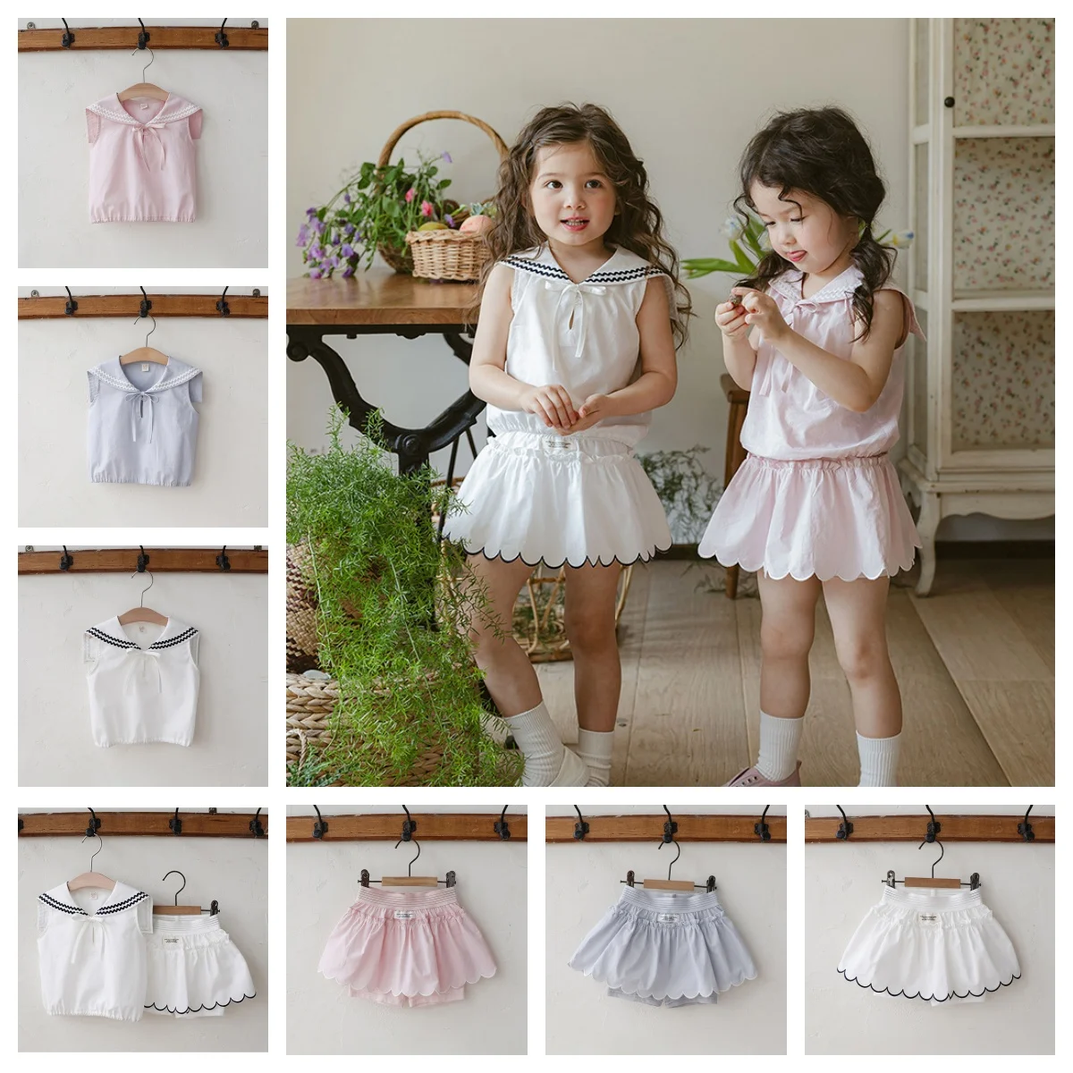 

Summer 2025 Blue Korean Girl Sweet Artistic Style Lapel Cute Bow Baby Sleeveless T-Shirt+Lace Half-Length Kid Skirt Pants Set