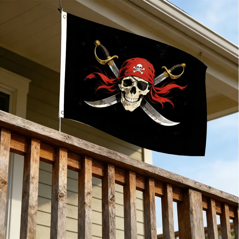 Pirate Skull Red Bandana Crossed Swords Flag Single-Sided Outdoor Courtyard Decor
