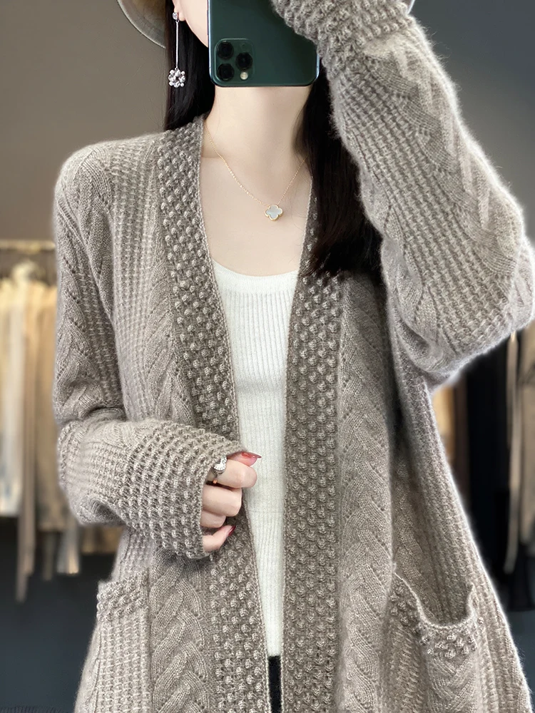 Addonee Autumn Winter Women’s V-neck Cardigan 100% Merino Wool Hollow Twist Long Sleeve Cashmere Knitted Sweater Korean Fashion
