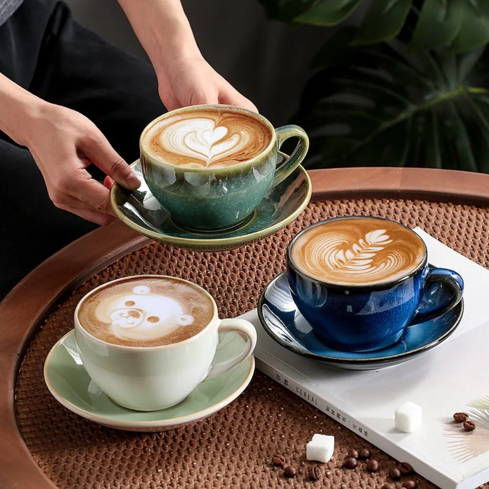 Ceramic Retro Kiln-turned Coffee Cup Cappuccino Latte Fancy Embossed Art Latte Art Cup  Tea Cup and Saucer Set 300ml Cafe home