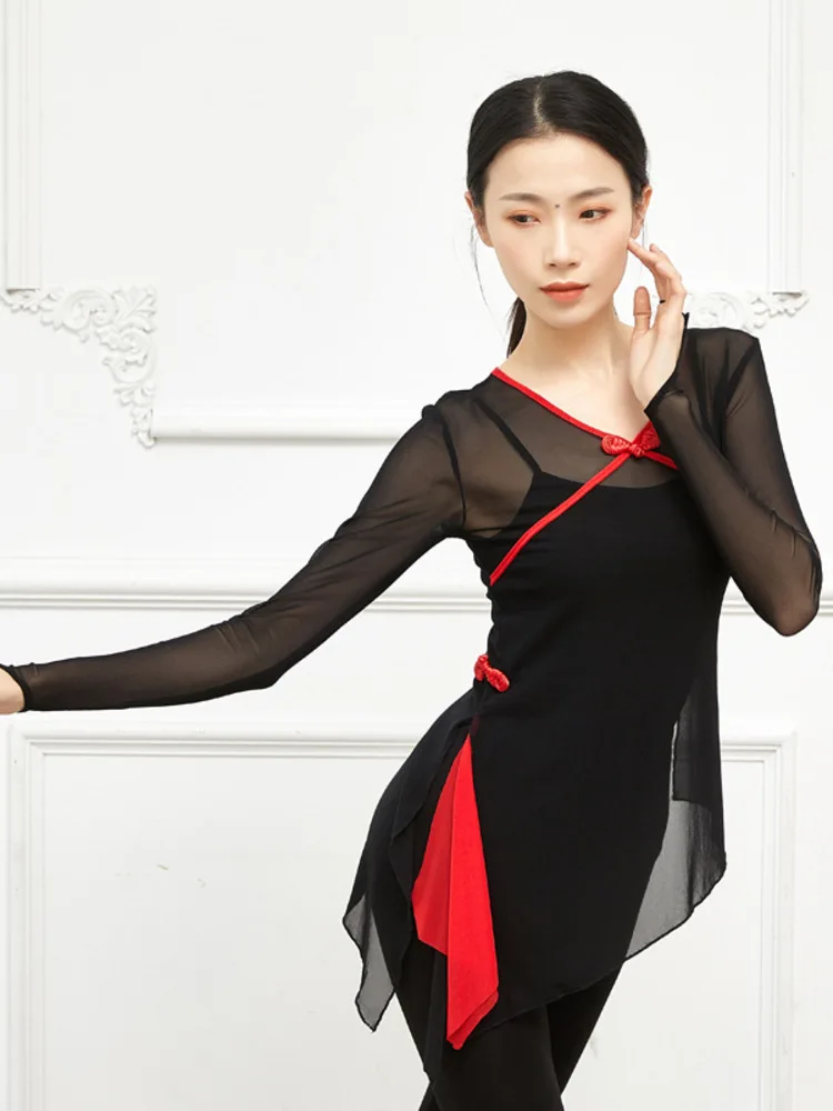 قميص رقص باليه شبكي بأكمام طويلة للنساء، قميص بحاشية مقسمة برقبة على شكل حرف V للممارسة والرقص الحديث والعروض