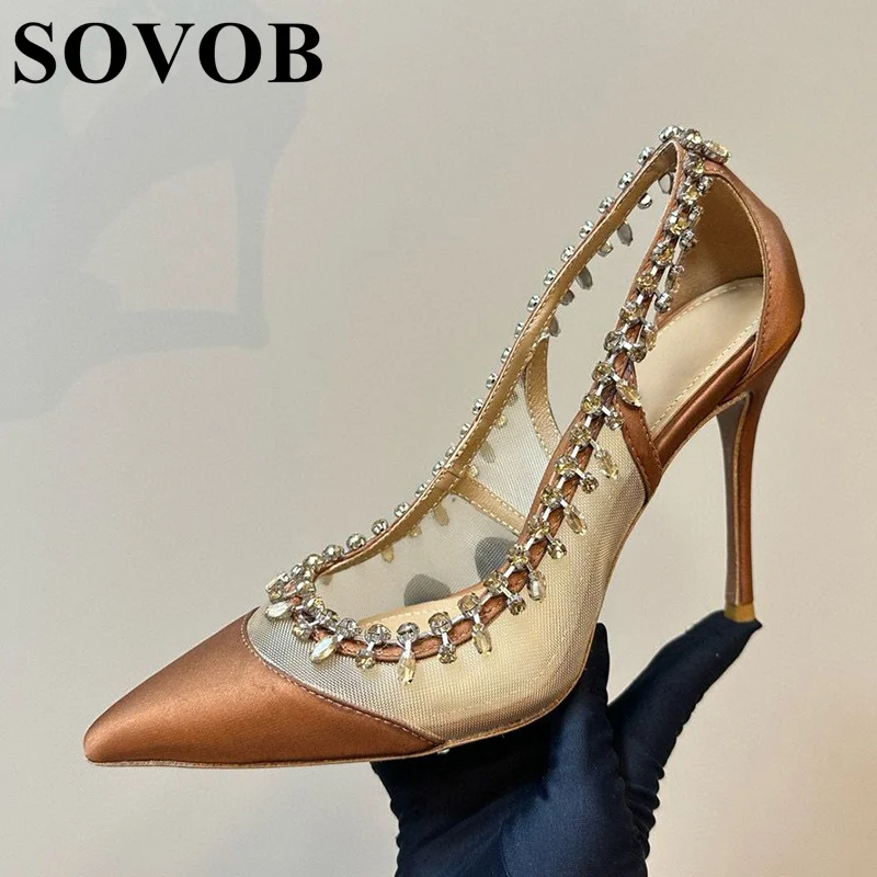 Spring Summer Pointed Mesh Breathable Pumps Women Patchwork Shiny Crystal Decoration Thin High Heel Banquet Dress Elegant Shoes