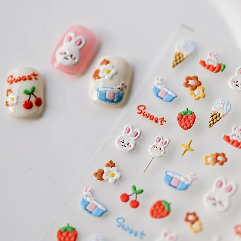 1Pcs Cartoon Cute Strawberry Bunny Nail Stickers Rabbit Self Adhesive Sticker Slider For Nails Art Decorations DIY Accessories