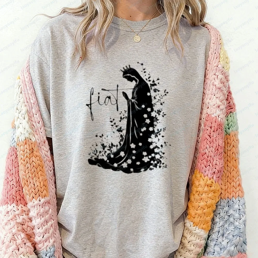 Fiat! Marian Inspired Youth Tee Catholic Girl's Blessed Mother T-Shirt Vintage Religious Spiritual O-neck Tees Cotton Women Tops