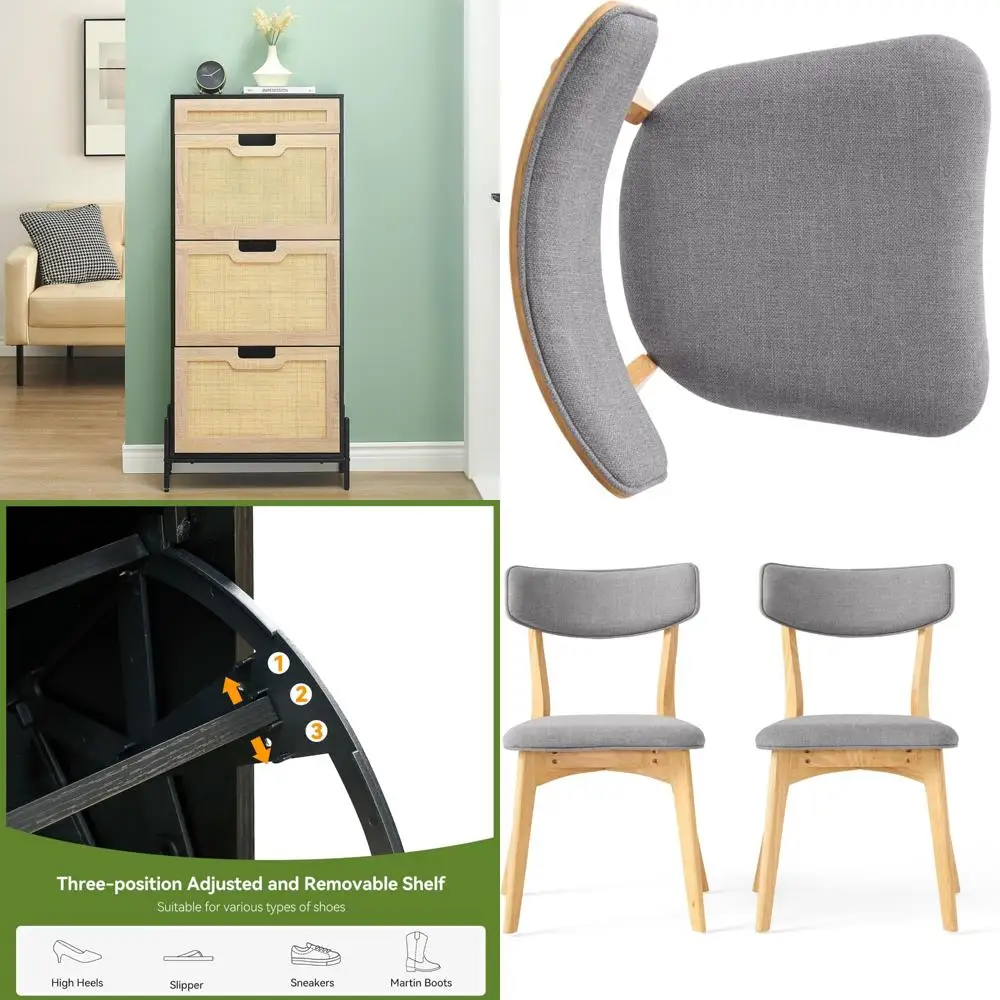 مجموعة كراسي تناول الطعام الحديثة في منتصف القرن مكونة من قطعتين، منجد بدون ذراعين مع وسادة مقعد، ومسند ظهر مبطن، ولمسة نهائية من خشب البلوط والرمادي الداكن، Com