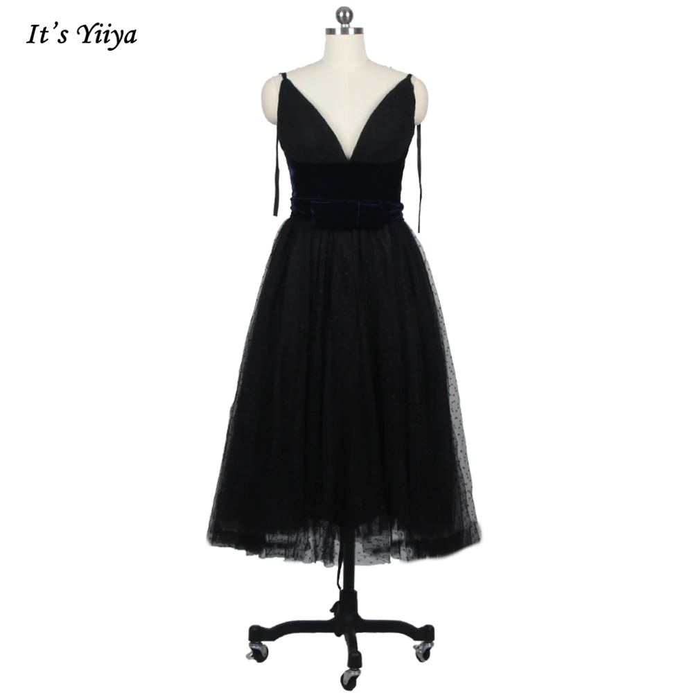 

It's YiiYa Evening Dresses Black Tulle Deep V-neck Sleeveless Lace up A-line Tea-length Plus size Women Formal Party Dress E844