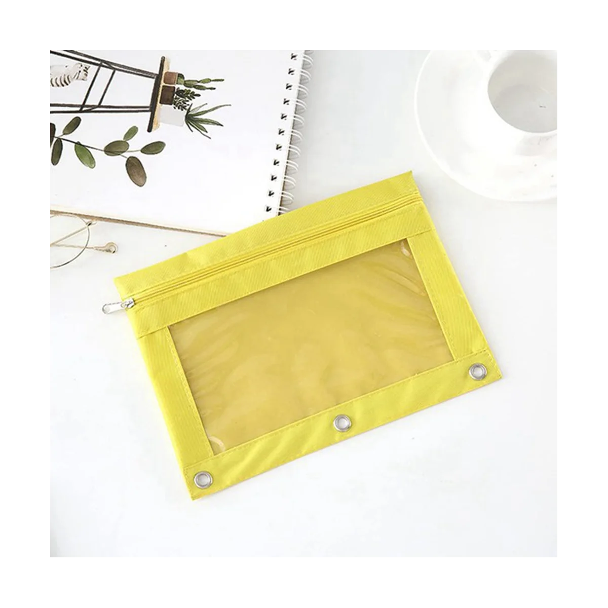 8PCS Three-Hole Large-Capacity Pencil Case File Bag Durable Binder Pouch with Clear Window Yellow