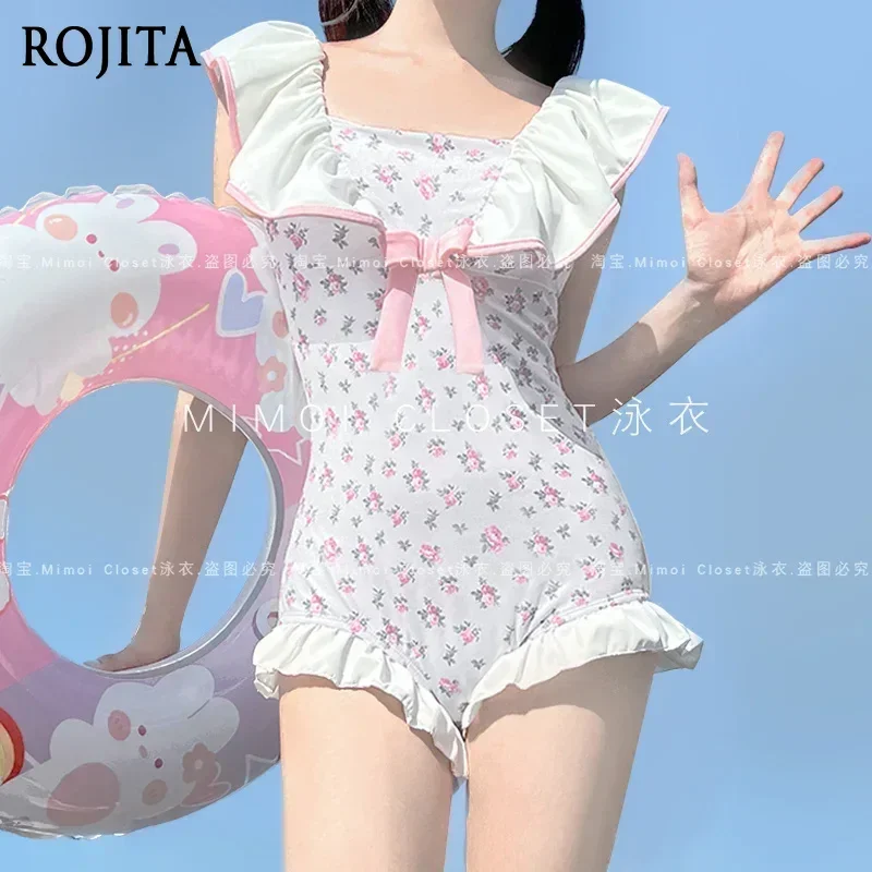 Summer New Lolita One-piece Swimsuit Women's Kawaii Bow Print Hot Spring Beach Swimwear Sweet Female Student Bathing Suit Women