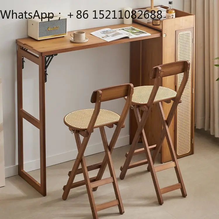 SCY solid wood folding bar table rattan dining side cabinet integrated household partition multi-functional dining table