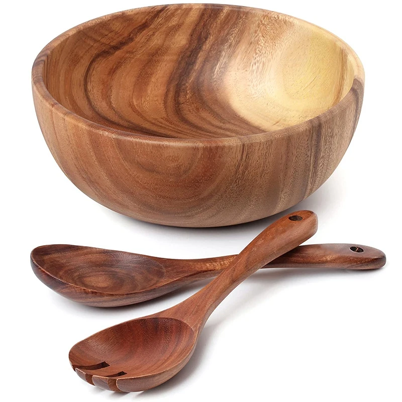 

2X Wooden Salad Bowl-Large 9.4 Inch Acacia Wood Salad Wooden Bowl With Spoon, Can Be Used For Fruit, Salad